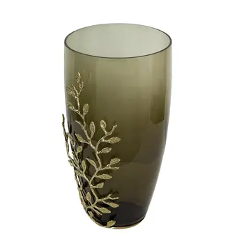 15" Green And Gold Leaf Round Glass Table Vase
