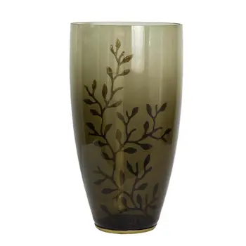15" Green And Gold Leaf Round Glass Table Vase