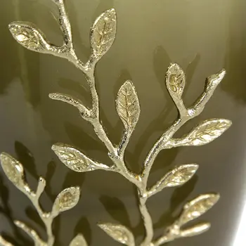 15" Green And Gold Leaf Round Glass Table Vase