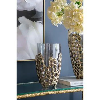 11" Gray And Gold Round Glass Table Vase