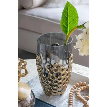 11" Gray And Gold Round Glass Table Vase