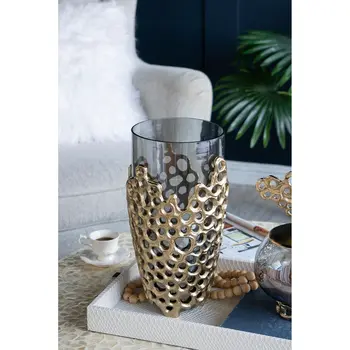 15" Gray And Gold Round Glass Table Vase