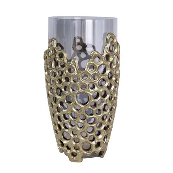 15" Gray And Gold Round Glass Table Vase