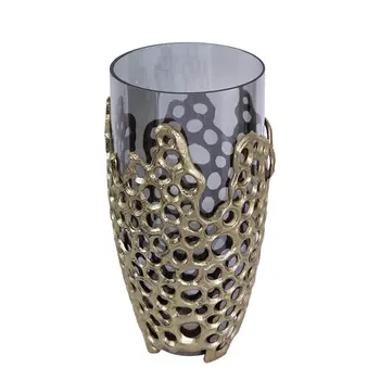 15" Gray And Gold Round Glass Table Vase