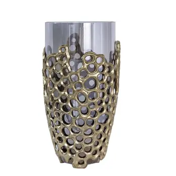 15" Gray And Gold Round Glass Table Vase