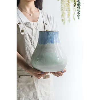 10" Blue Green Sand And Gray Ombre Round Ceramic Table Vase