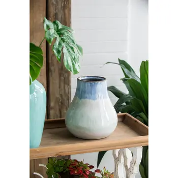 10" Blue Green Sand And Gray Ombre Round Ceramic Table Vase