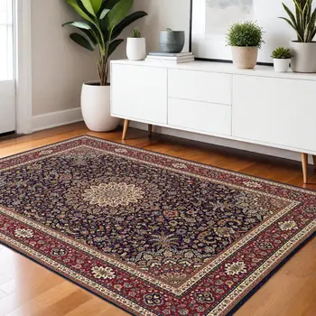 4' X 6' Blue Red and Ivory Oriental Area Rug