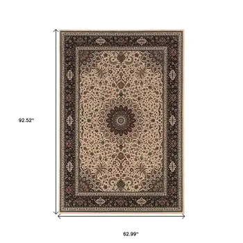 5' X 8' Ivory And Black Oriental Area Rug