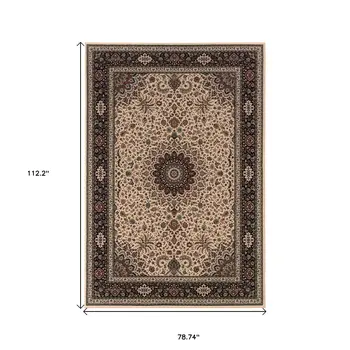 7' X 10' Ivory And Black Oriental Area Rug