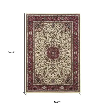 4' X 6' Ivory Red and Blue Oriental Area Rug