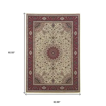 5' X 8' Ivory And Red Oriental Area Rug