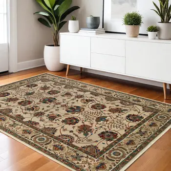 4' X 6' Ivory Red and Blue Floral Area Rug