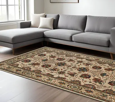 7' X 10' Ivory And Red Floral Area Rug