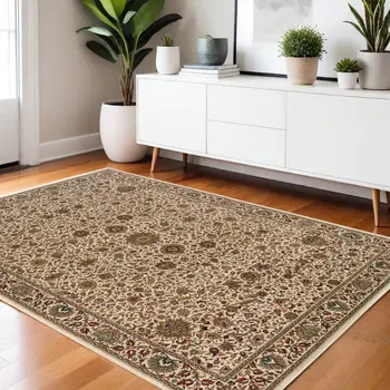 4' X 6' Ivory Green and Red Oriental Area Rug