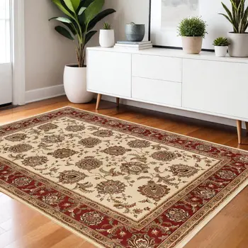4' X 6' Ivory and Red Oriental Area Rug