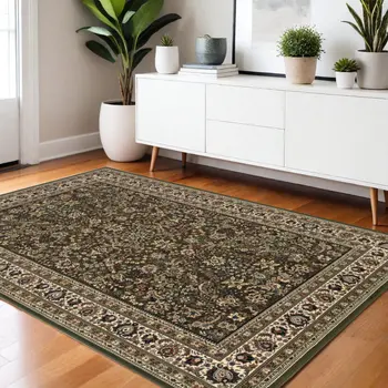 4' X 6' Green Black And Ivory Oriental Area Rug