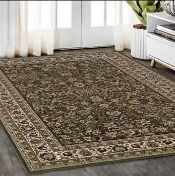 5' X 8' Green And Ivory Oriental Area Rug