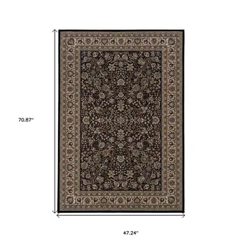 4' X 6' Black Dark Green And Ivory Oriental Area Rug