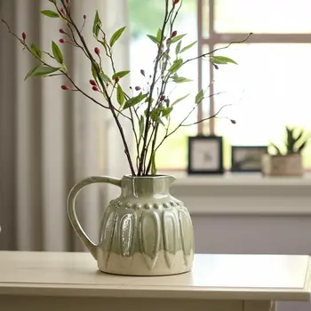 7" Sage and Ivory Round Ceramic Jug Vase With Does Not Apply