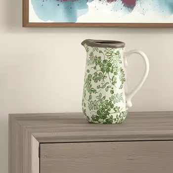 7" Green and White Leaf Round Ceramic Jug Vase With Does Not Apply