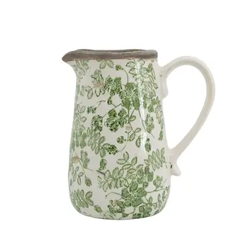 7" Green and White Leaf Round Ceramic Jug Vase With Does Not Apply