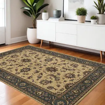 4' X 6' Ivory Light Blue And Brown Oriental Area Rug