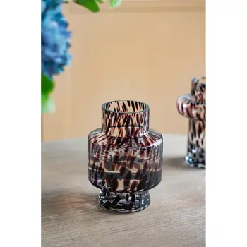 8" Clear Burgundy And Black Abstract Cylinder Glass Table Vase
