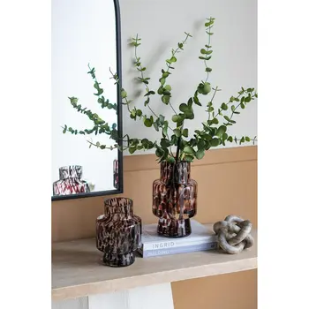 8" Clear Burgundy And Black Abstract Cylinder Glass Table Vase
