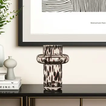8" Clear Burgundy And Black Abstract Cylinder Glass Table Vase
