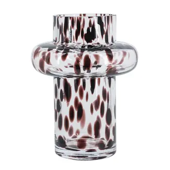 8" Clear Burgundy And Black Abstract Cylinder Glass Table Vase