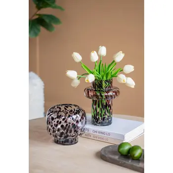 8" Clear Burgundy And Black Abstract Cylinder Glass Table Vase