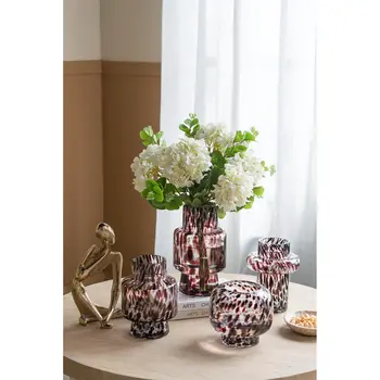 8" Clear Burgundy And Black Abstract Cylinder Glass Table Vase