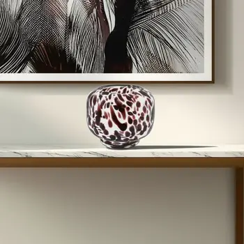 6" Clear Burgundy And Black Abstract Round Glass Table Vase