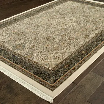 4' X 5' Ivory And Dark Blue Medallion Area Rug With Fringe