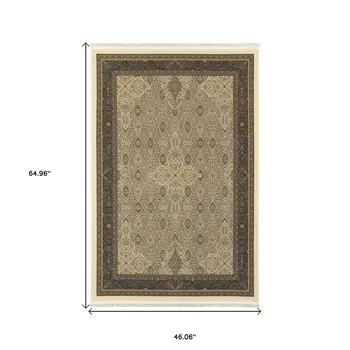 4' X 5' Ivory And Dark Blue Medallion Area Rug With Fringe