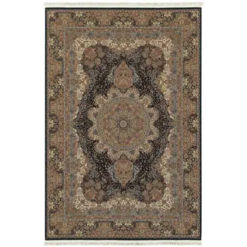 4' X 5' Dark Blue Black And Teal Medallion Area Rug With Fringe