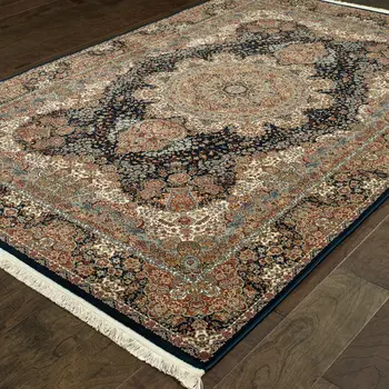 4' X 5' Dark Blue Black And Teal Medallion Area Rug With Fringe