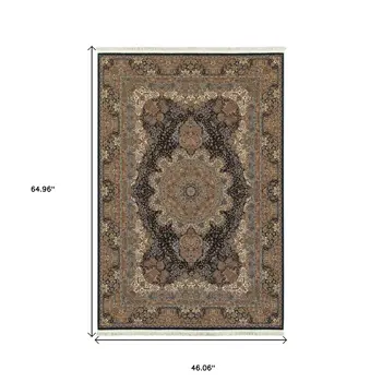 4' X 5' Dark Blue Black And Teal Medallion Area Rug With Fringe