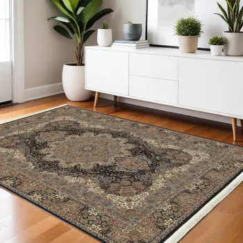 4' X 5' Dark Blue Black And Teal Medallion Area Rug With Fringe