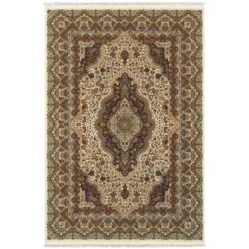 4' X 5' Ivory Black And Brown Medallion Area Rug With Fringe