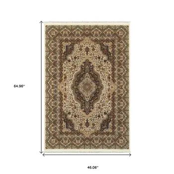 4' X 5' Ivory Black And Brown Medallion Area Rug With Fringe
