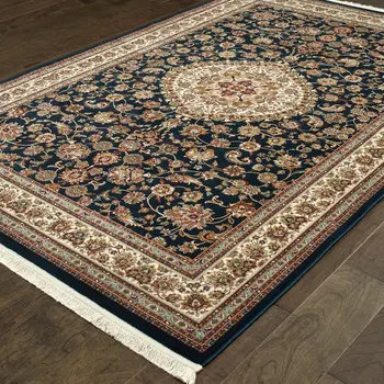 4' X 5' Tan Black And Ivory Medallion Area Rug With Fringe
