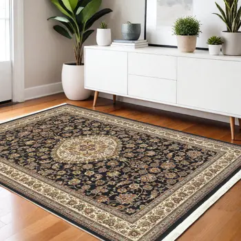 4' X 5' Tan Black And Ivory Medallion Area Rug With Fringe