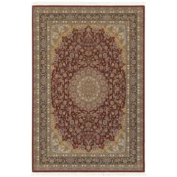 4' X 5' Ivory Red And Orange Medallion Area Rug With Fringe