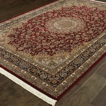4' X 5' Ivory Red And Orange Medallion Area Rug With Fringe