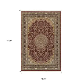 4' X 5' Ivory Red And Orange Medallion Area Rug With Fringe