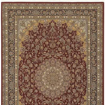 4' X 5' Ivory Red And Orange Medallion Area Rug With Fringe