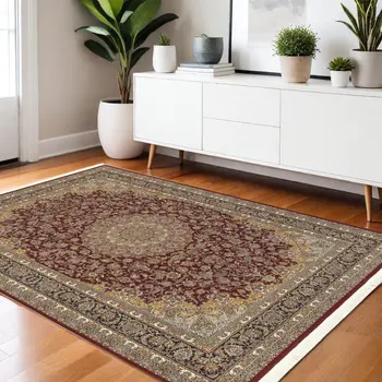 4' X 5' Ivory Red And Orange Medallion Area Rug With Fringe