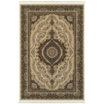 4' X 5' Ivory Black And Tan Medallion Area Rug With Fringe